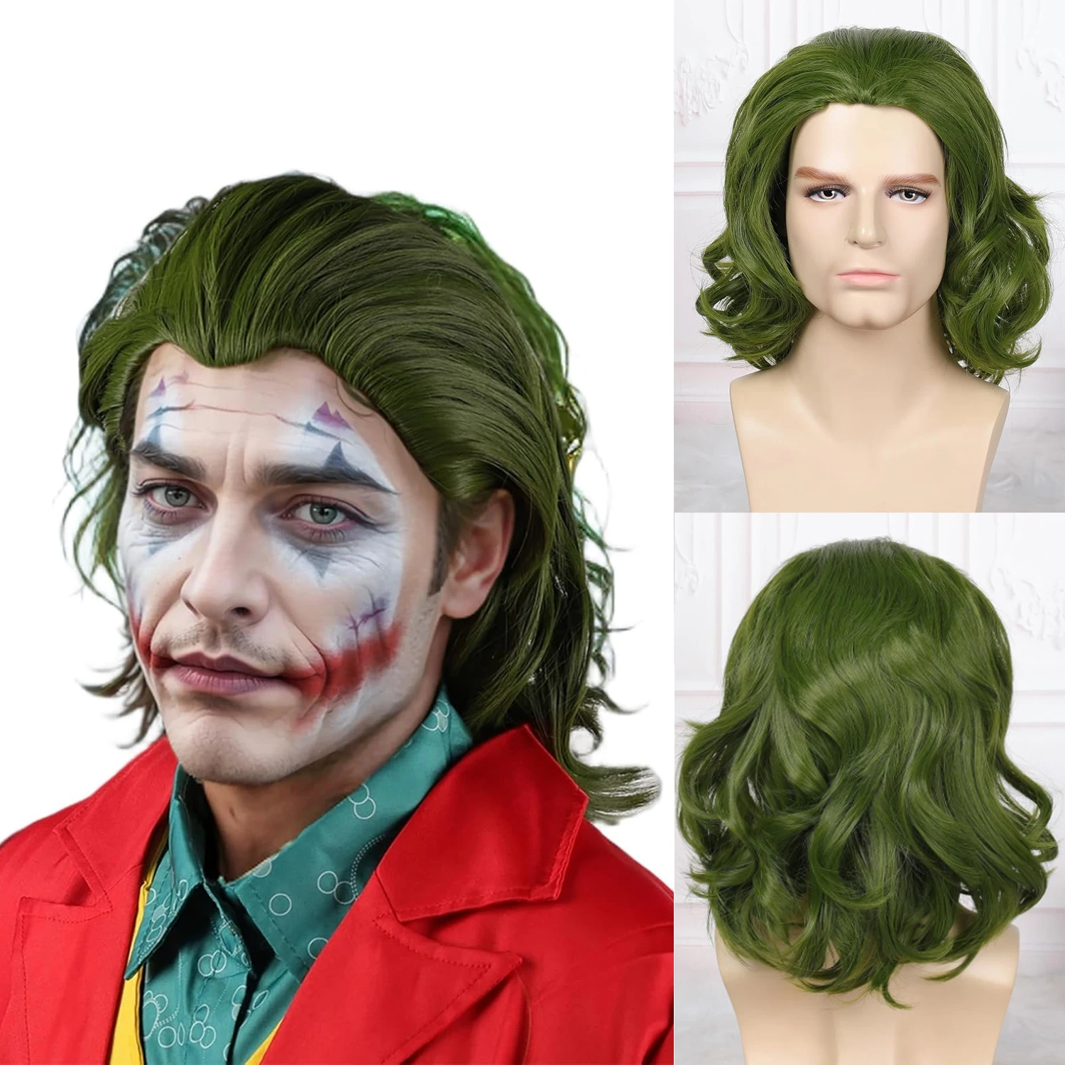 Peluca rizada corta verde de 14 "para hombre, peluca Joker, peluca ondulada sintética hasta los hombros, disfraz de Halloween y Navidad para cosplay