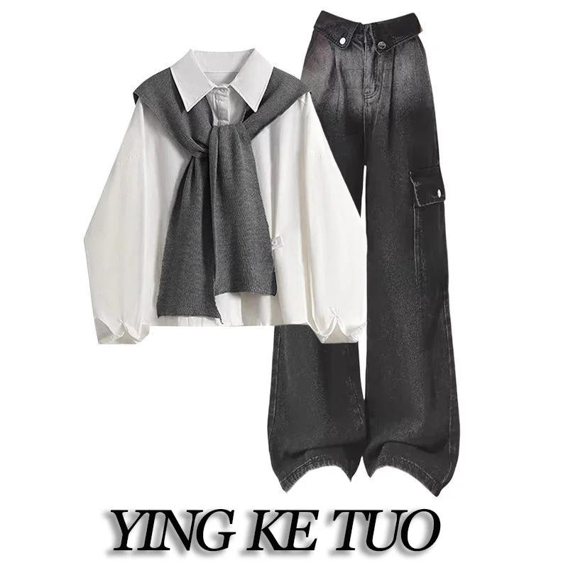 

2026 New Korean Style Versatile Shawl Three-Piece Set Gradient Straight Jeans Layering Shirt Commute Casual Fashion Women