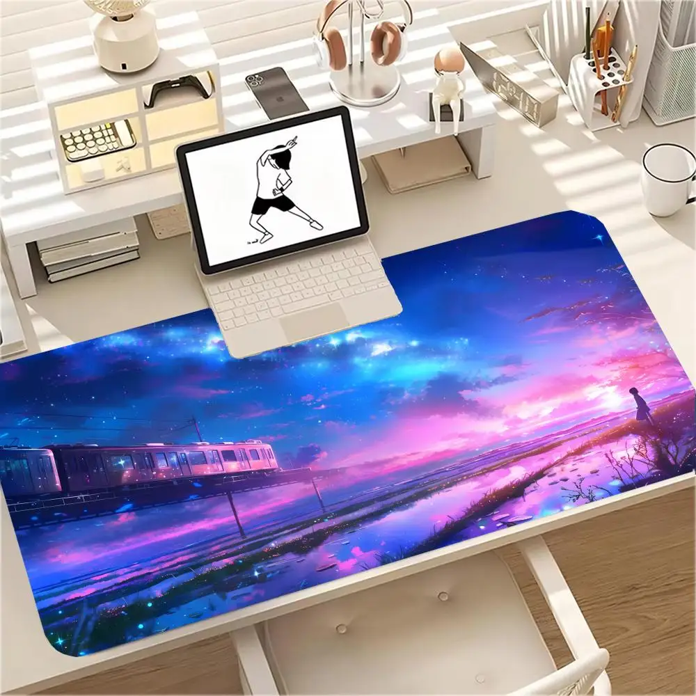 기차 애니메이션 풍경 마우스 패드 대형 컴퓨터 게임 콘솔 고무 미끄럼 방지 잠금 가장자리 키보드 패드 사무실 확장 데스크 패드