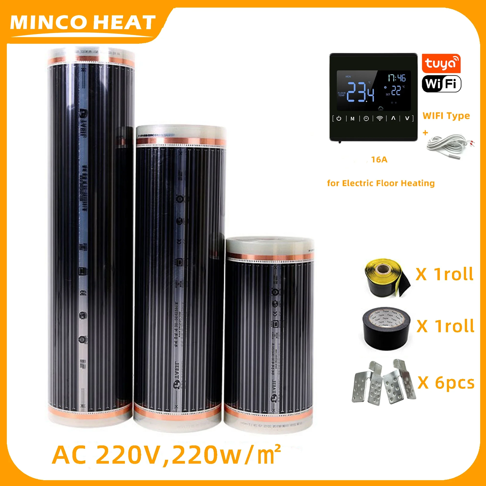 MincoHeat Infrared Underfloor Heating Film 5 Square Meters 220V with Underfloor Heating Thermostat with External Sensor for Home