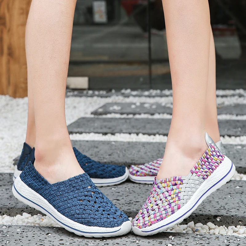 Women Men Walking Fitness Mesh Weave Slip-On Light Loafer Summer Sports Shoes Outdoor Flats Breathable Sneakers Big Size 35-44