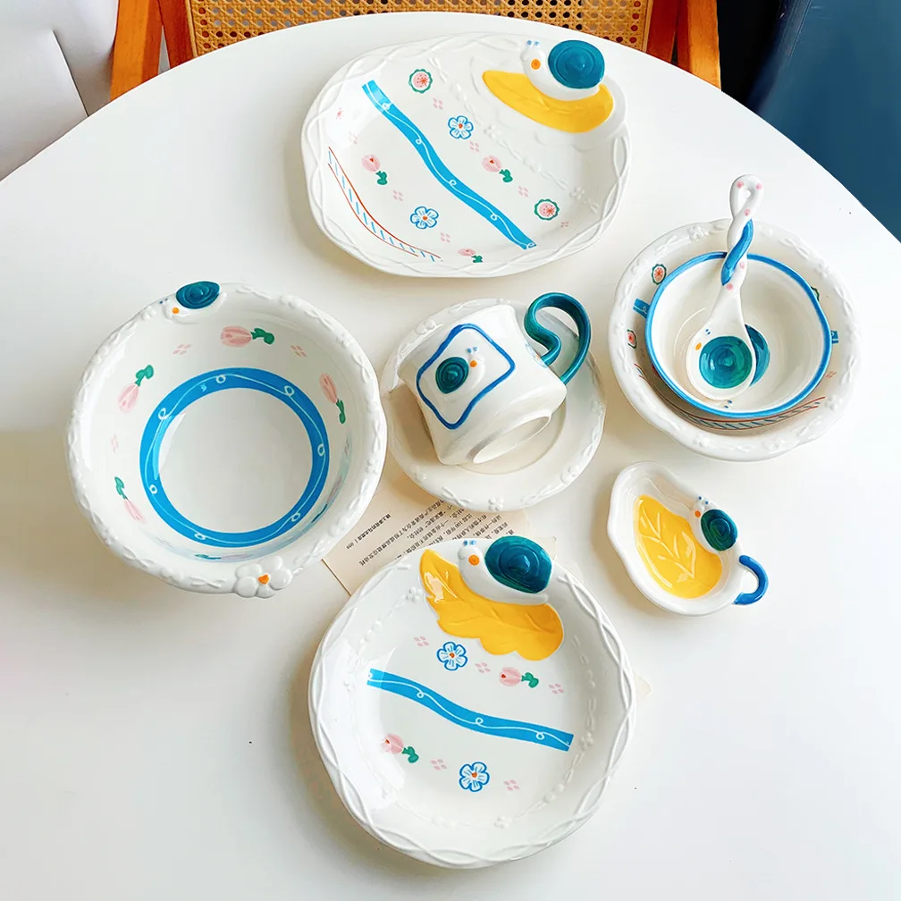Cute Cartoon Snail Ceramic Bowl Plate Underglaze Color Embossed Tableware High Beauty Rice Soup Noodle Bowl for Home Daily Use