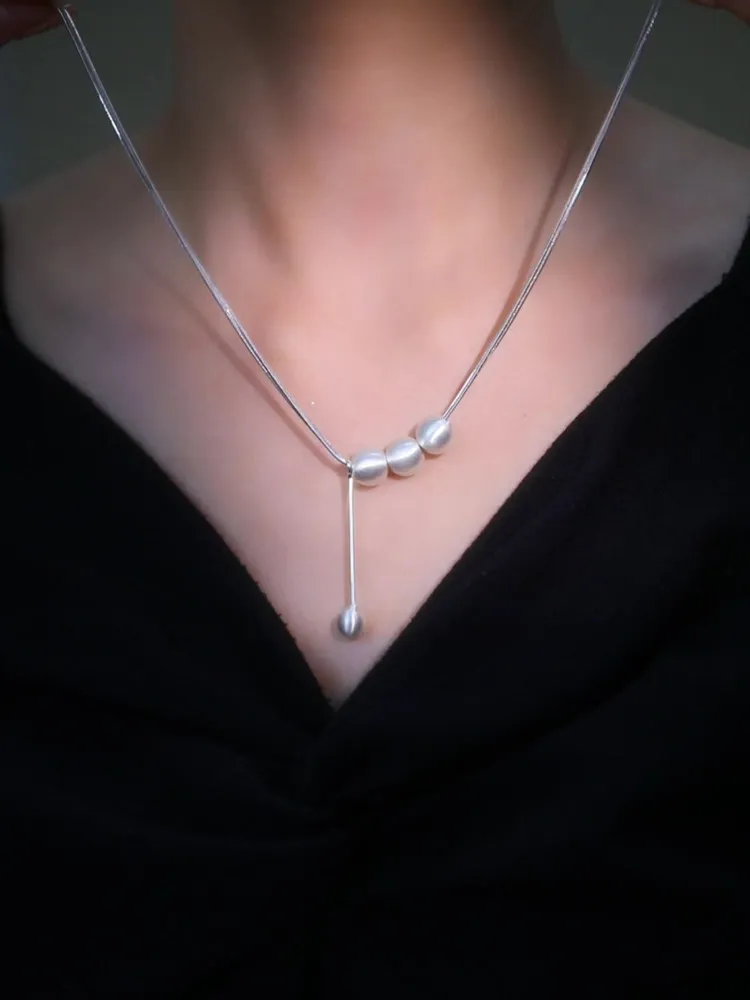 Cool wind brushed metal ball necklace multi-layer tassel collarbone chain silver simple necklace