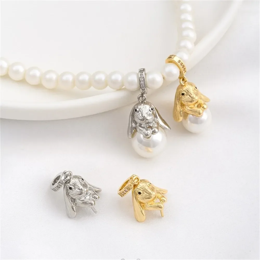 

14K Gold-coated Universal Buckle Rabbit Beaded Pendant Lopunny Diy Handmade Sticky Crystal Pearl Necklace Charms Pendant K609