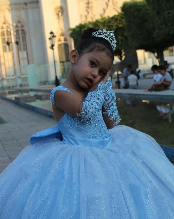 Blue Mini Quinceanera Dresses Mexican Prom Flower Girl Dresses Long Sleeve Tulle Applique Bow Wedding Celebration Dresses