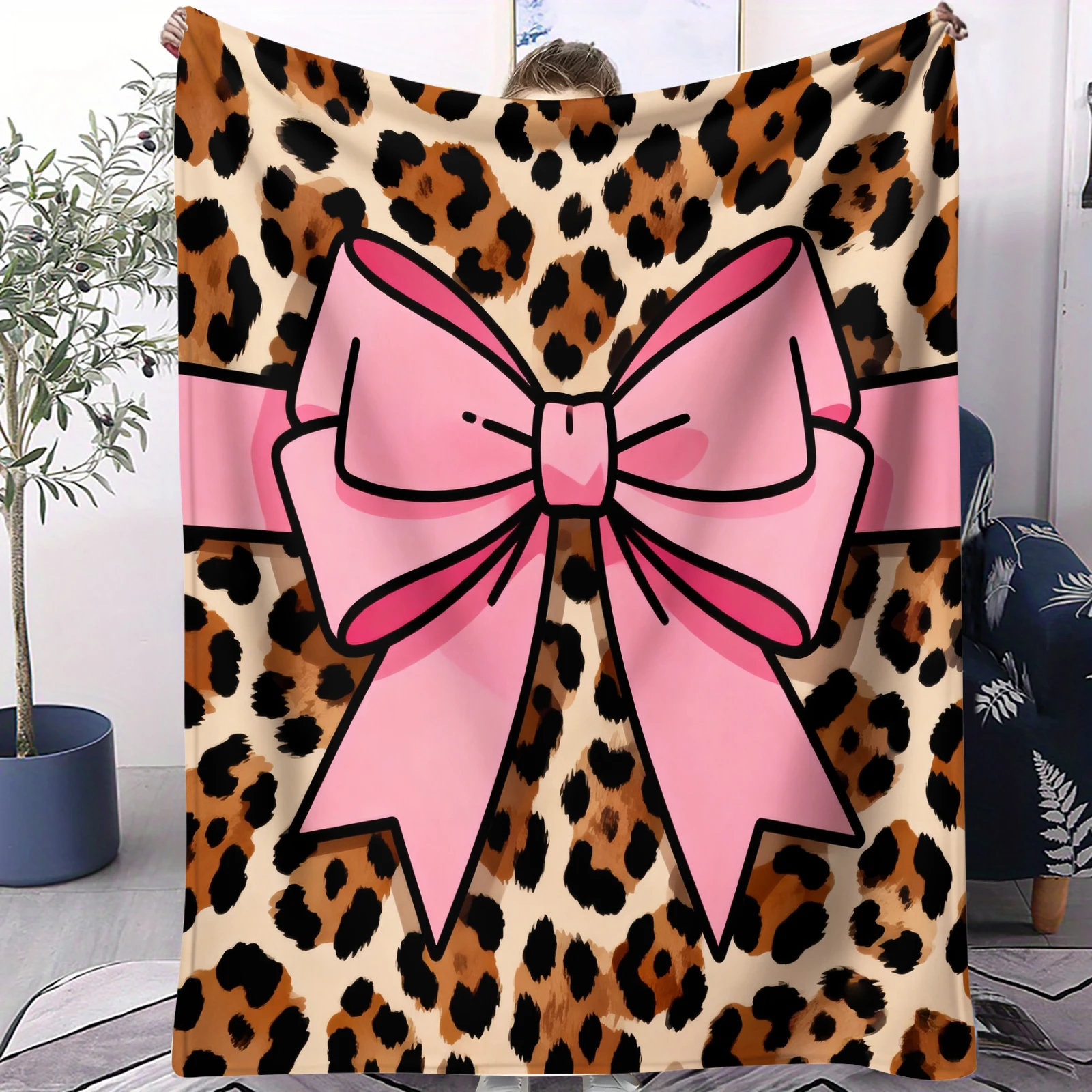 

Мягкий теплый фланелевый плед с леопардовым принтом и розовым бантом, всесезонный, качественный, уютный, многофункциональный декоративный плед