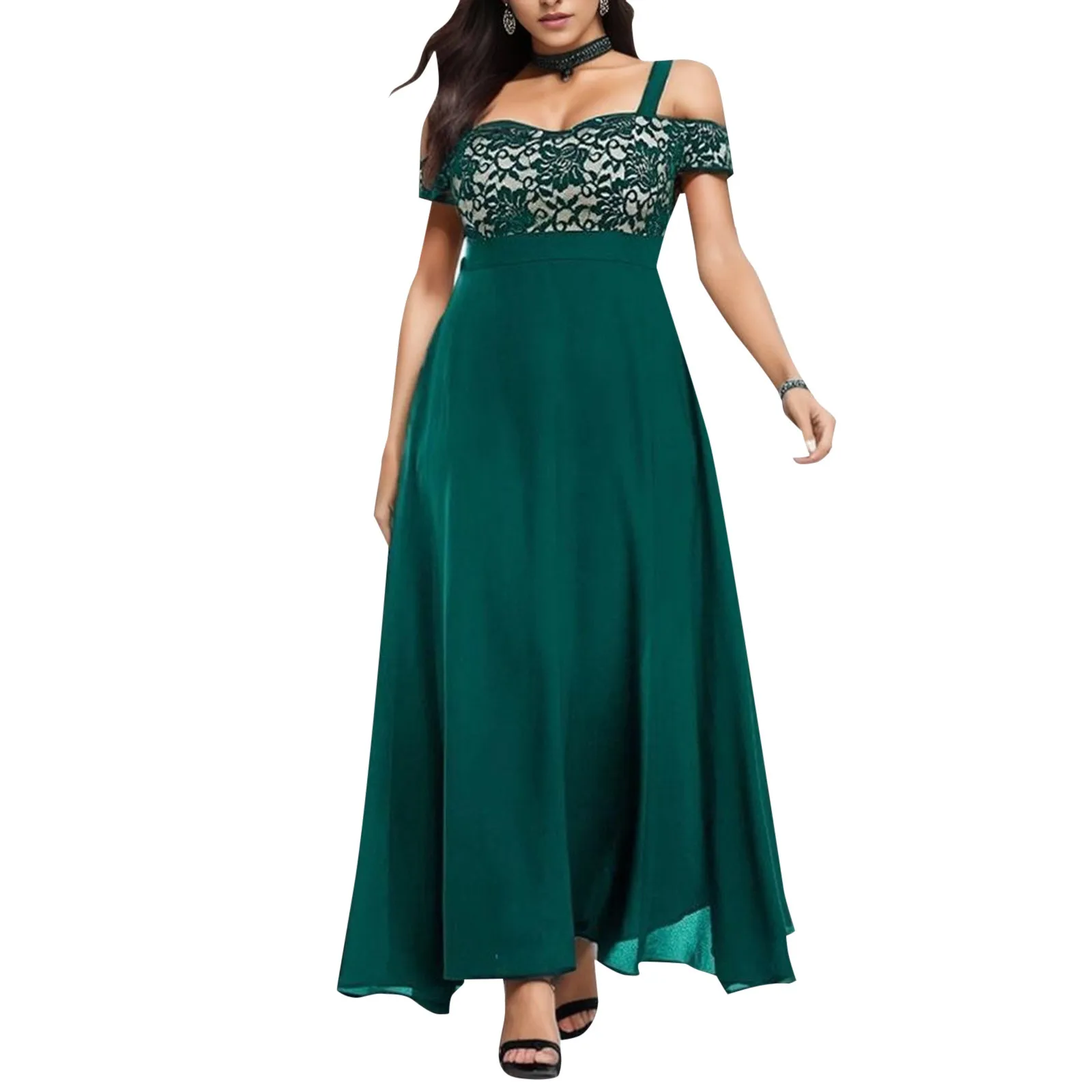 Frauen plus Größe Kleider kalte Schulter Blumen Spitze Maxi Party Abend Camis Sommer lässig langes Kleid L-5XL Robe Vestidos Mujer