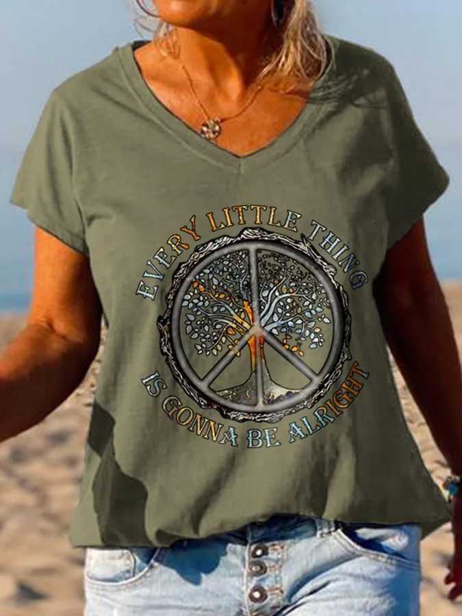 Vintage Women's Summer Beach V Neck T Shirt Hippie Print Short Sleeve T-Shirts Casual Loose Tops Tees