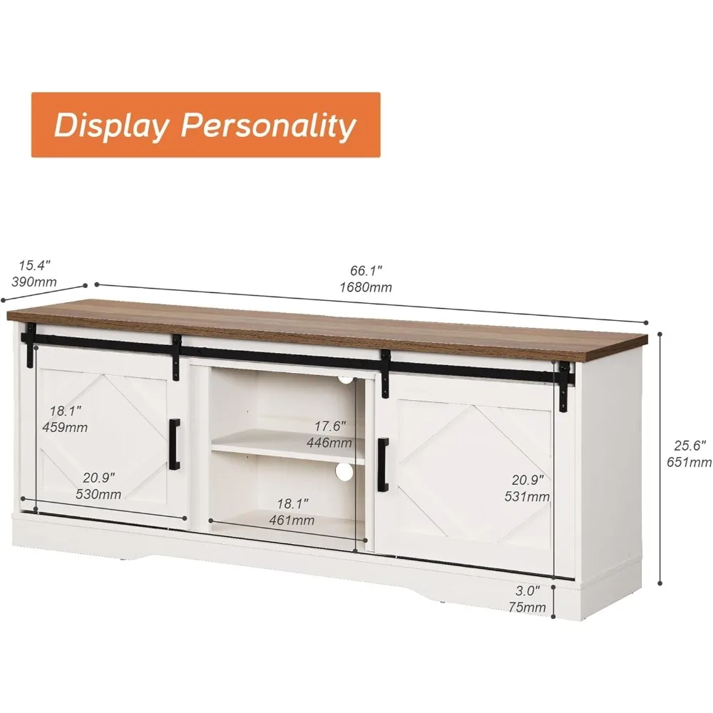 Centro de entretenimento de TV de 75 polegadas com armários de porta de celeiro deslizante e armazenamento