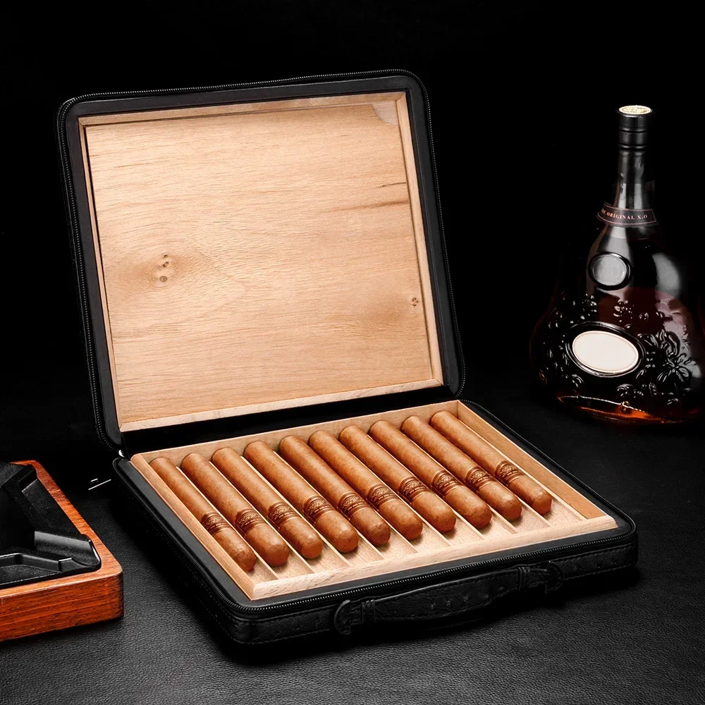 Portable Cigar Box Cigar Humidor Cow Leather Zipper Cedar Wood Inside Capacity 10 Pieces Moisturizing CLA-23FU1