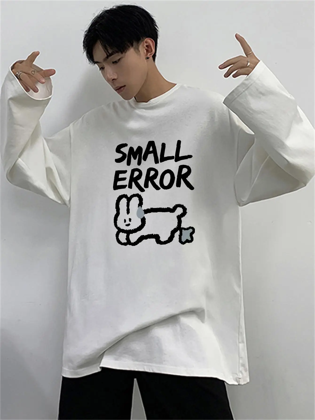 Funny Rabbit Kawaii Men T-shirts Korean Style Loose Unisex Tops Long Sleeve Autumn New Male Streetwear Hip Hop Y2k Tees Cotton