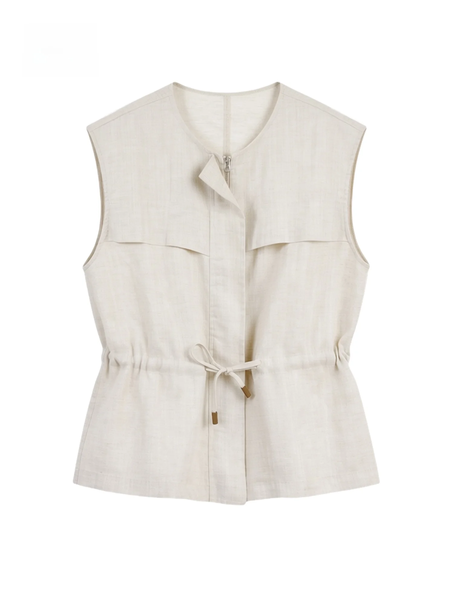 OIKOS Nuevo Chaleco de Verano para Mujer de Algodón y Lino con Cremallera y Cuello Redondo, Versátil, Estilizador, con Ajuste en la Cintura, Prenda Exterior de Moda