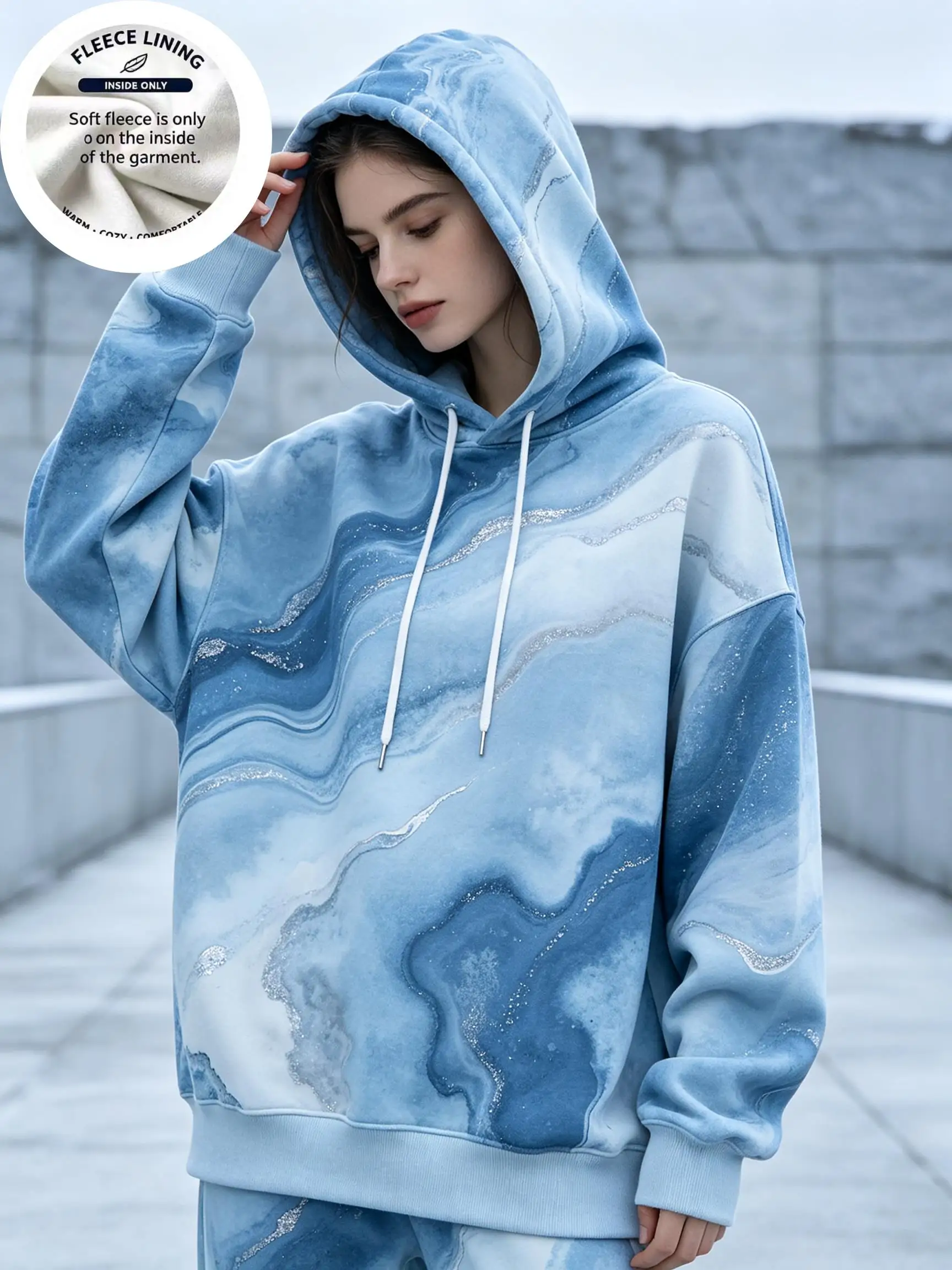 Women Cool Tone Liquid Marble Fleece Hooded Sweatshirt, Gradient Blue Swirl Allover Print Casual Hoodie