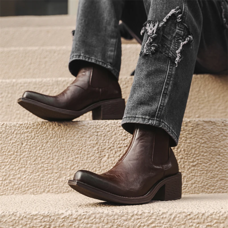 

Retro Men Fashionable Ankle Boots Black Brown Men High-heeled One-foot Versatile Business Office Brand Boots Couple Boots