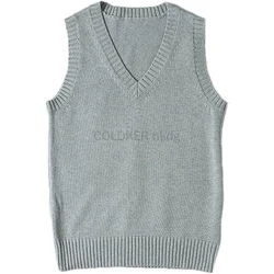 Women's Sweater Vest V Neck School Uniform Kint Vests Grey Blue Preppy Style Sleeveless Pullover Sweaters Tops