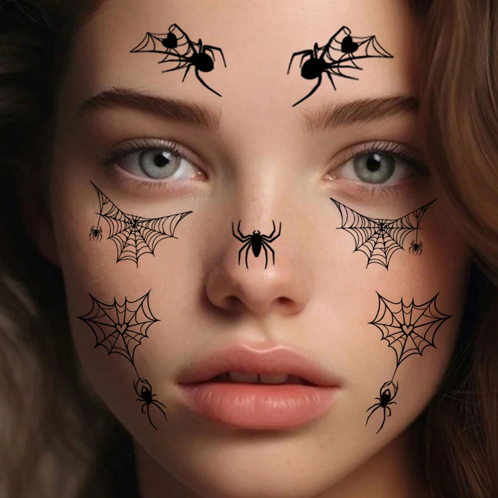10 قطع من ملصقات وشم العنكبوت على شكل شبكة العنكبوت وشم مزيف للنساء والرجال ومكياج الوجه والحواجب وشم مؤقت لحفلات الهالوين