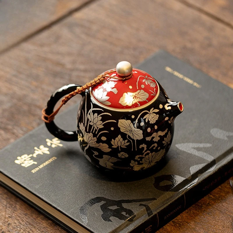 

Black Glazed Silver Pattern Ceramic Sketch Pot KungFu TeaSet Household Ball Hole Filter Teapot A Heron Lotus Life Dragon Dan Pot