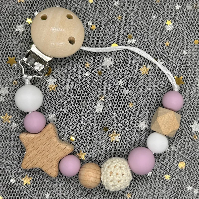 NEW Custom Name Handmade Personalized Beech Baby Pacifier Chain Clip Silicone Bead Holder with Name Teether Pendant Newborn Gift