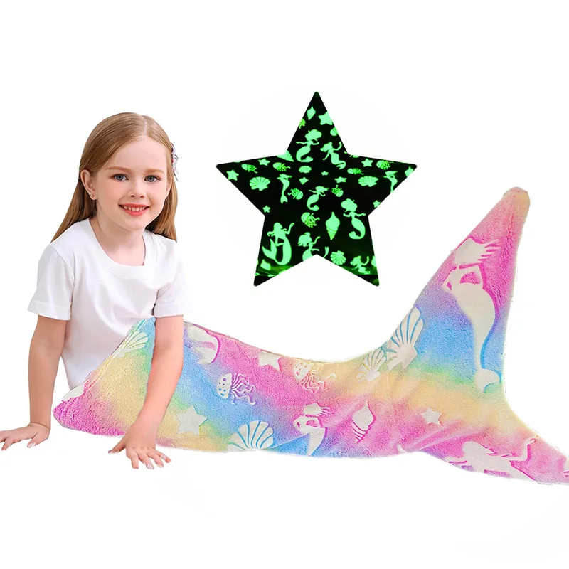 Flannel Mermaid Blanket Night Light Soft Kids Nap Warm Blanket Cartoon Foot Cover Autumn and Winter TV Lazy Blanket Sleeping Bag