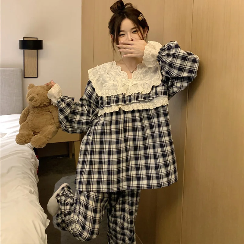 New Home Lovers Cotton Plaid Lace Cute Simple Long Sleeve Pajama Set Women Loose Princess Couple Sweet Elegant Warm Sleepwear