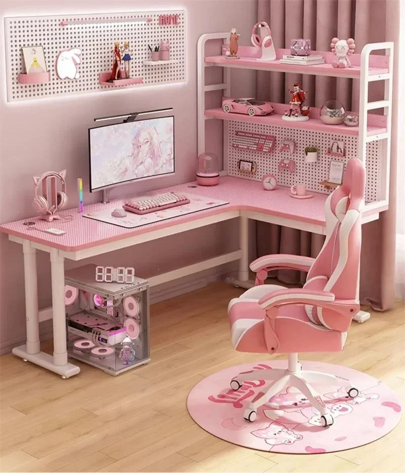Corner Desktop Computer Desk Bookshelf Integrated Office Furniture Carbon Fiber Computer Table Pink Gaming Desk Girls Study Desk