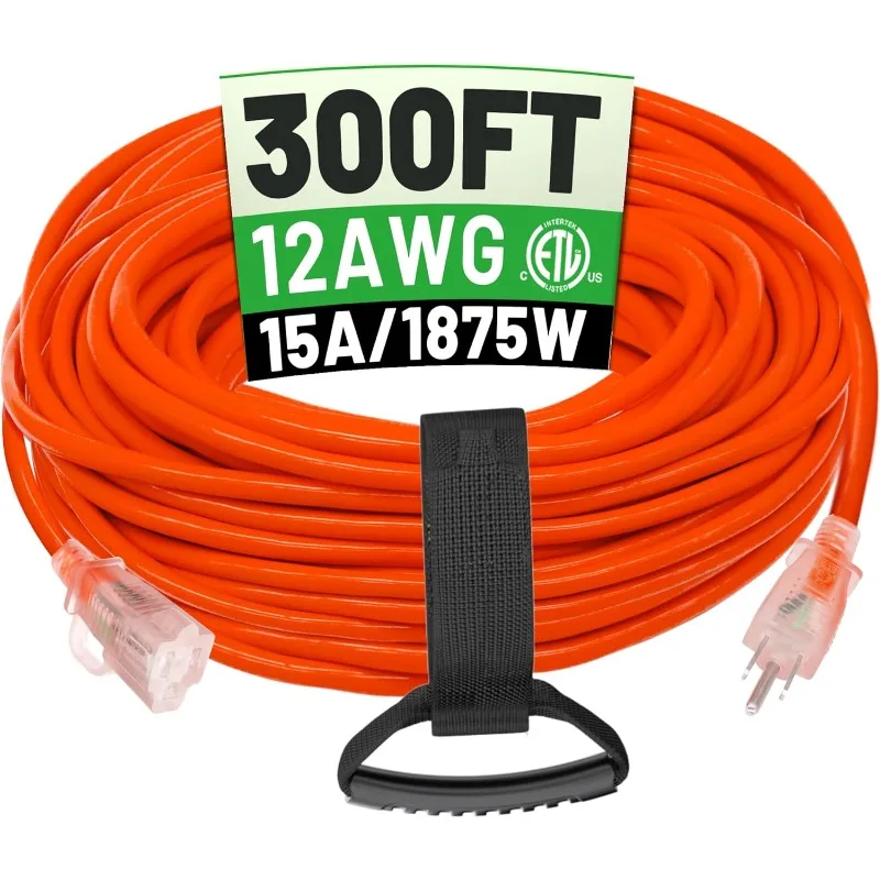 Cable de extensión para exteriores de 300 pies, 12/3, resistente al agua, con extremo iluminado, calibre 12, 3 clavijas, Flexible, resistente al frío