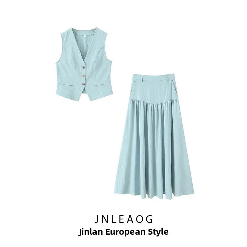 

JNLEAOG Осенний новый модный комплект: джинсовый жилет и юбка миди А-силуэта с высокой талией для женщин, повседневный, удобный, больших размеров