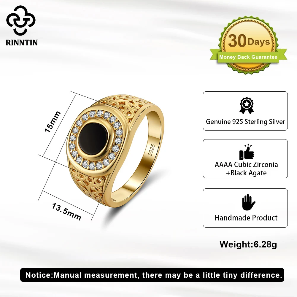 Rinntin 925 Sterling Silver Round Agate Signet Rings Wedding Engagement Statement Vintage Thumb Band Rings for Men Jewelry NMR09