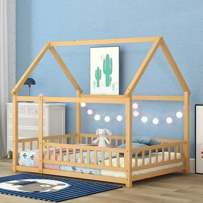 

Twin Room - Floor Bed, Children with Fence and Roof, Girls, Boys (Twin, Gray) , Wooden Montessori Bed