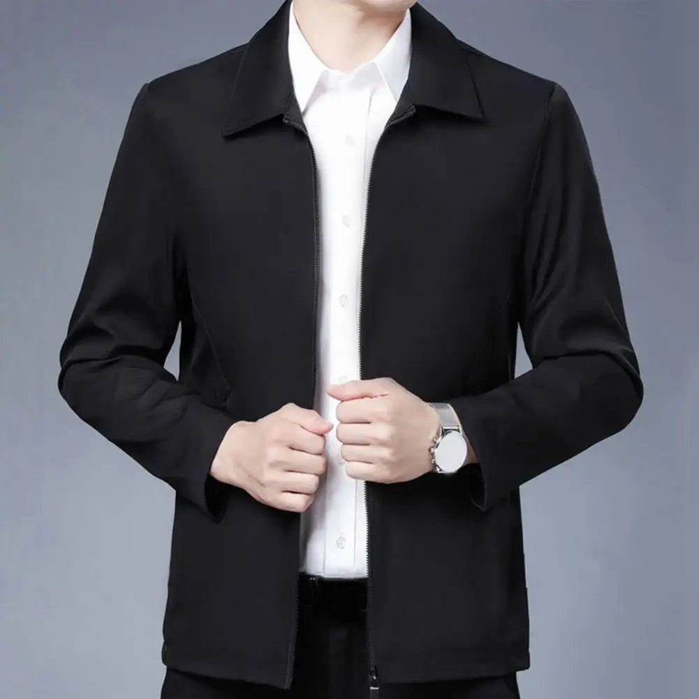 Men Jacket Elegant Mid-aged Men\'s Lapel Jacket with Zipper Closure Pockets for Formal Business or Casual Wear in Spring Fall