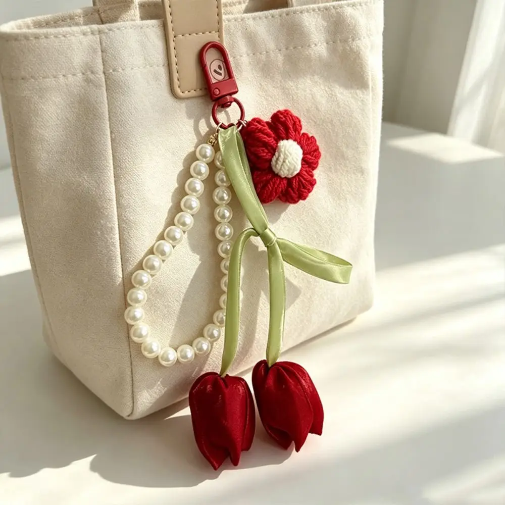 Satin Ribbon Tulip Bag Charm Tulip Shape Crochet Flower Flower Bag Charm Floral Style Easy Clip Tote Bag Decor