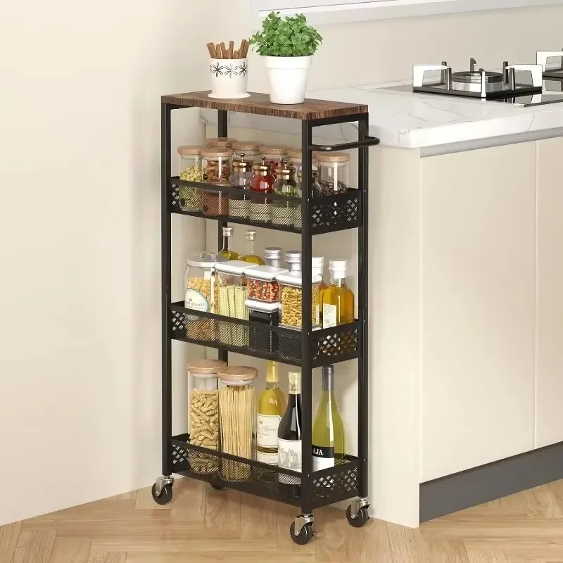 

Slim Storage Cart Narrow Kitchen Rolling Cart on Wheels for Small Space, Mobile Utility Cart Shelving Unit with