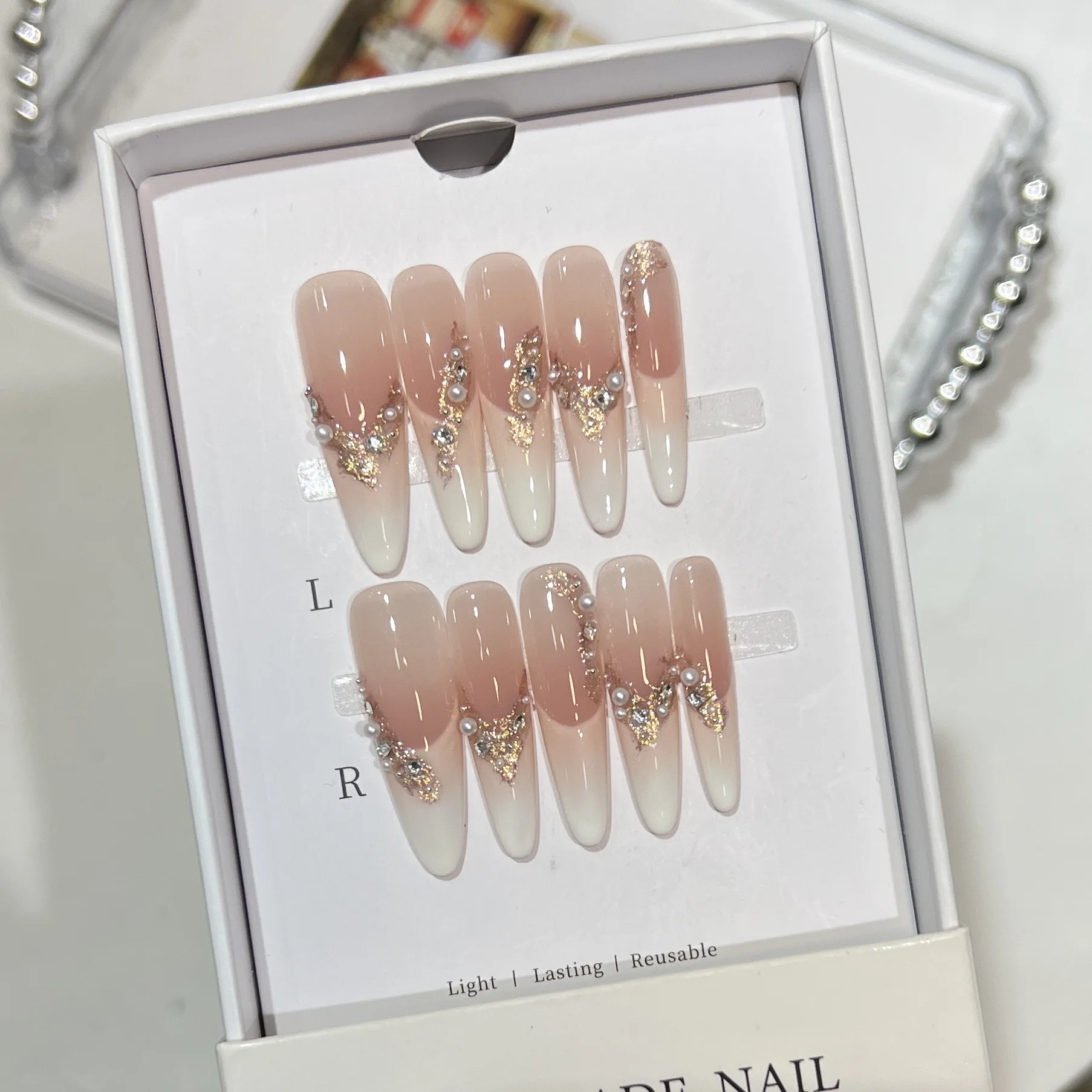 Nude Gentle French Almond Handmade Press On Nail Luxury Gold Foil Pearl Rhinestone Fake Nail Christmas Gift
