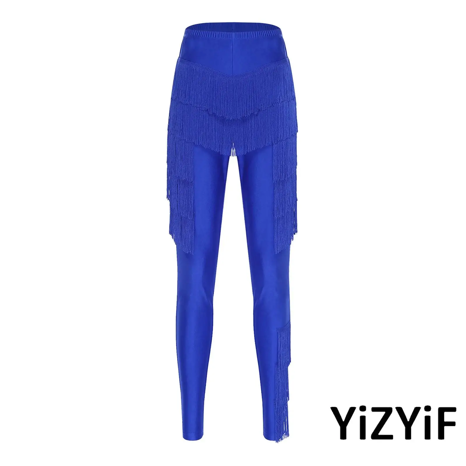 

Womens Elegant Latin Jazz Dance Pants Tiered Tassel Elastic Waistband Leggings Trousers for Salsa Tango Rumba Show Dancewear