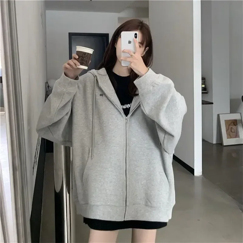 Women\'s Long Sleeve Zipper Jacket, Harajuku Hoodie, Casual Sweatshirt, Monochromatic Coat, Streetwear Clothing, Autumn