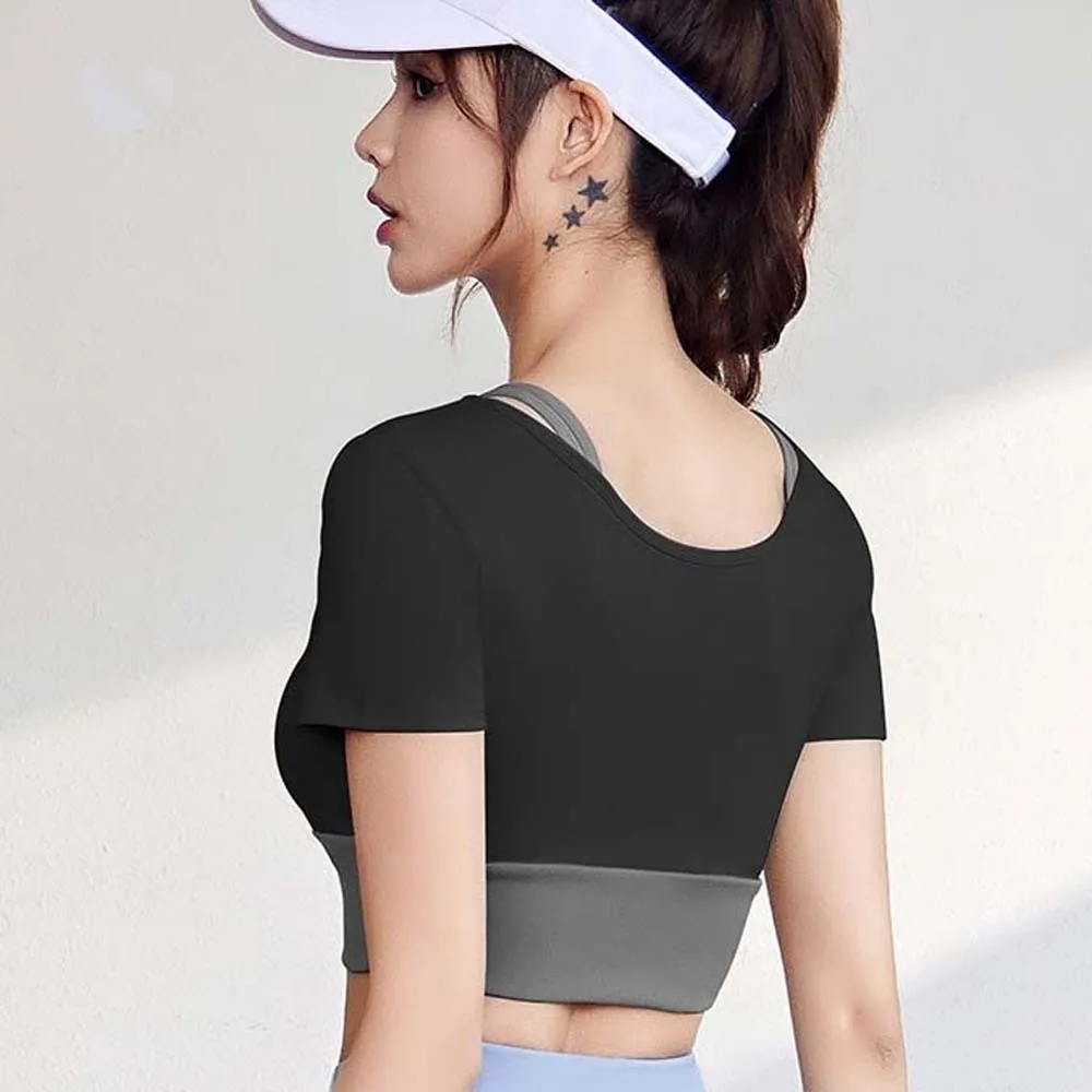 Running Combined in One Sports Top with Bra Tight Breathable Yoga T-shirt Thickened Contrast Color Plus Size Short Top Jogging