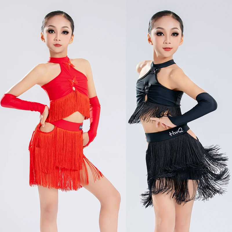 

Red Black Latin Dance Fringed Suits Girls Chacha Latin Dance Costume Children'S Latin Dance Clothing Training Dresses SL12870