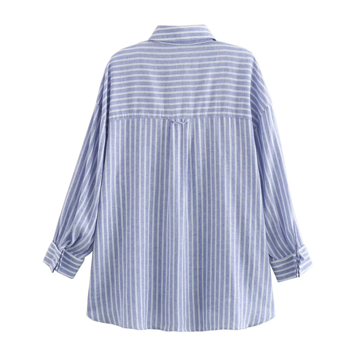 Tangada 2024 Women Blue Striped Shirt Long Sleeve Female Cotton Linen Blouse Tops 6X0392