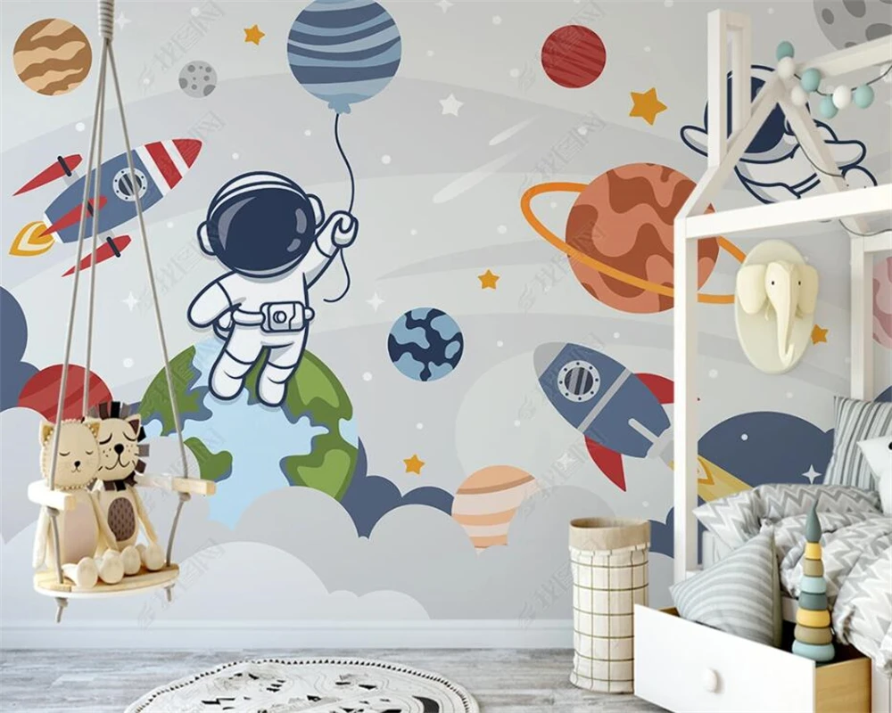 

beibehang Customize wall paper the latest modern Nordic hand-painted cartoon space rocket planet children's background wallpaper