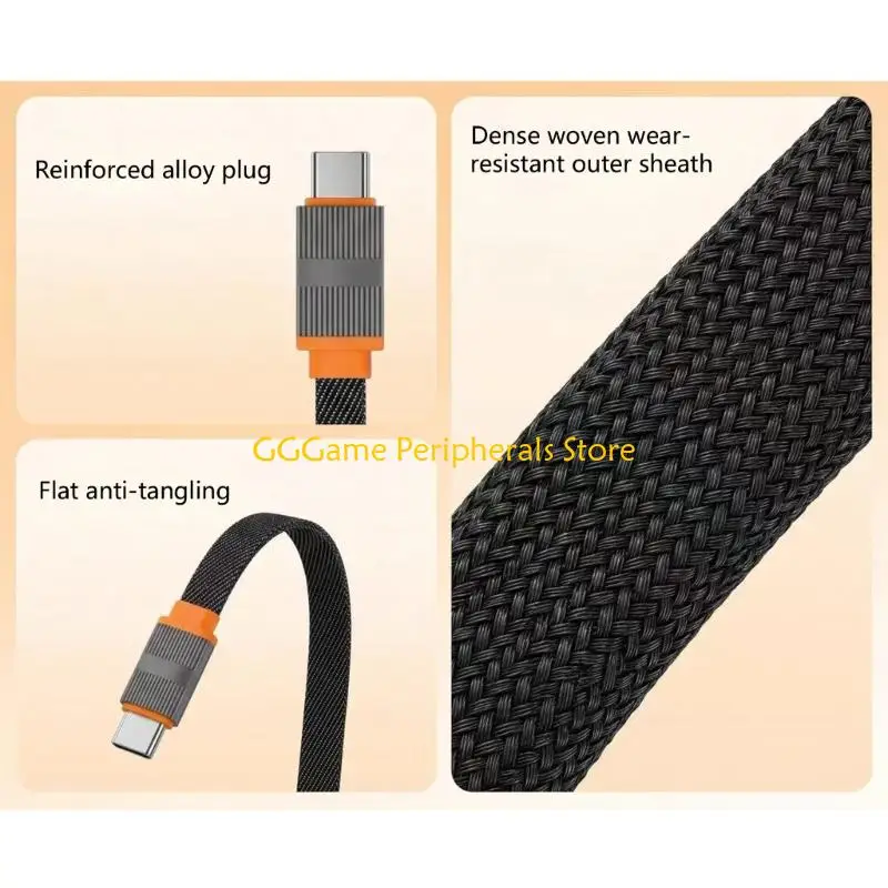 U55B 100W USB C Cable for Travel Carry, Desk Charging and Data Sync, Flat Braided Build with Durability Connector Housing Design