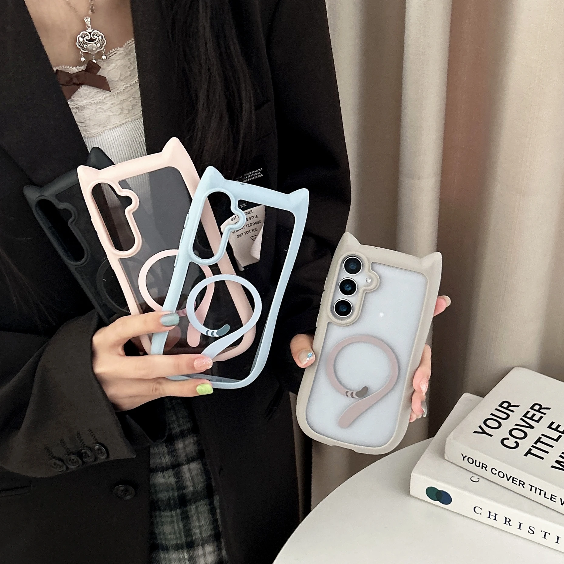 Custodia magnetica Magsafe per Galaxy S25 Plus Cover per orecchie di gatto adorabile per Samsung Galaxy S23 S24 Custodia rigida trasparente per tettuccio antiurto