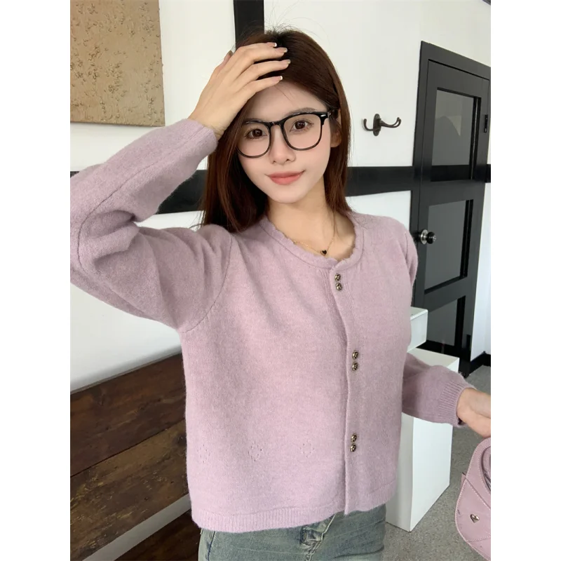 

Women Fashion Vintage Cardigan Purple Knitted Chic Solid Sweater Coat Lazy Round Neck 2023 NEW Winter Short Grey Jacket Top