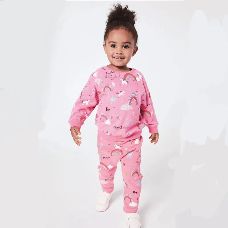 2025 Spring Autumn Kids Girls 2PCS Clothes Set Cotton Pullover Tops Rainbow Full Printed Sweatpants Suit Toddler Girl Tracksuit