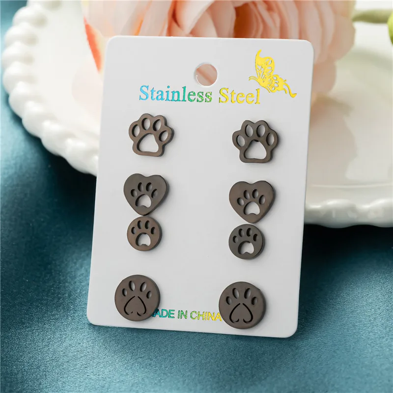 4Pairs/Lot Lovely Stainless Steel Dog Paw Stud Earrings for Women Everyday Jewelry Fashion Animal Cat Footprint Earing Accessory