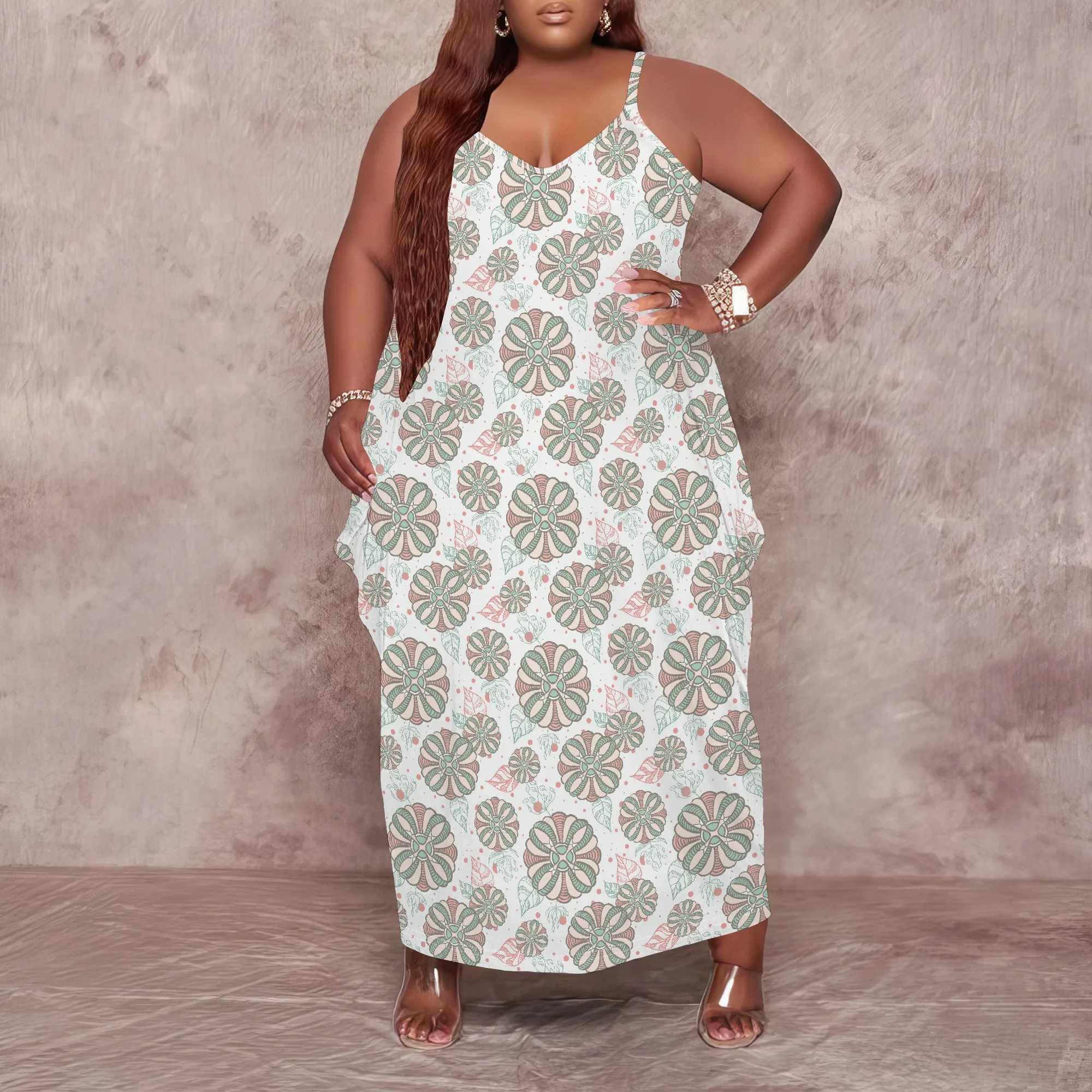 女性プラスサイズドレス花柄ルーズホルターロングドレスポケット付きファッショナブルなボヘミアン XL-6XL