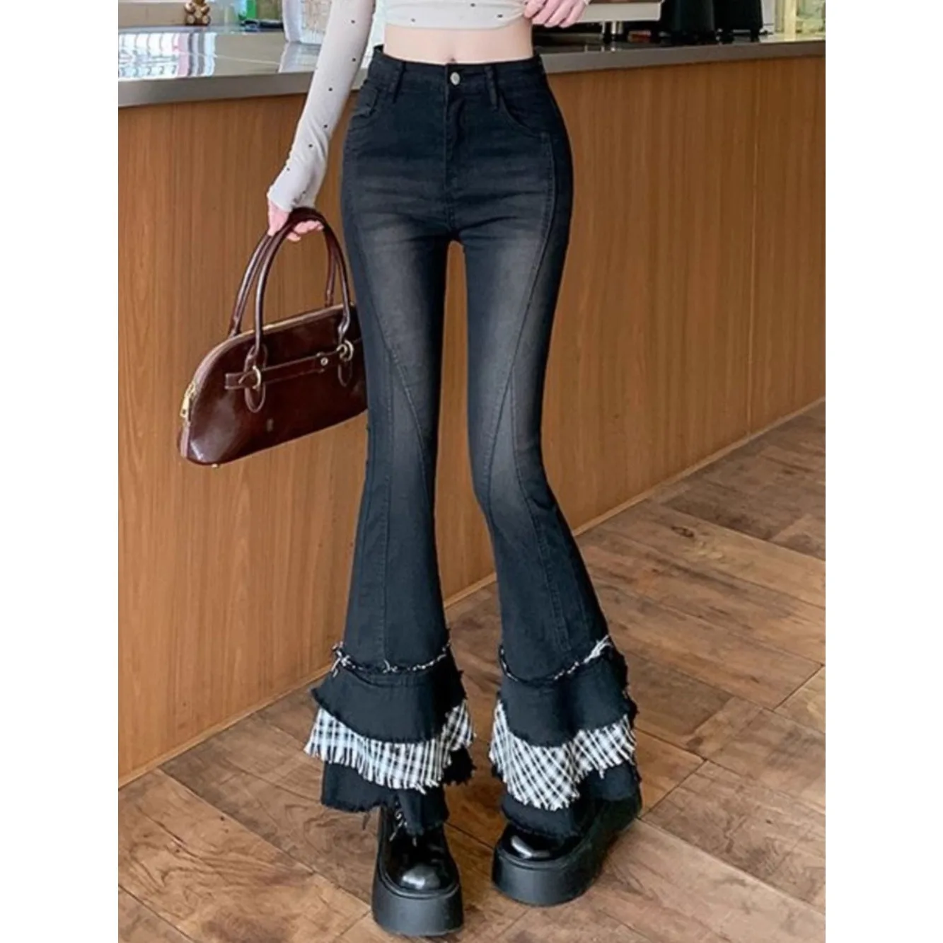 

2025 Spring American Retro Tartan Layered Denim Flared Pants Women Slimming Raw Hem Horse Hoof Y2K Vintage Streetwear jeans