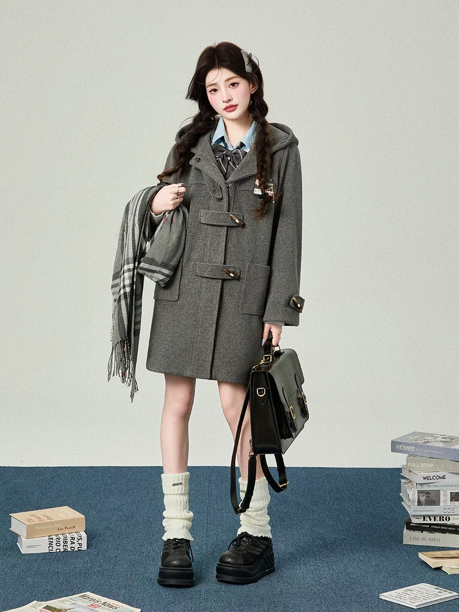 Autumn Winter Long Woolen Coat Women's JK School Uniform Style Buttoned Cotton Lined Straight Cut Thickened Hooded Coat