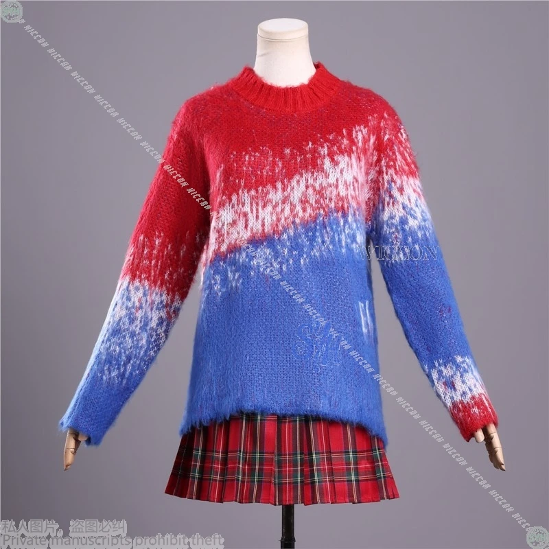 Anime Horror Bohaterka Cosplay Czerwono-Niebieski Gradientowy Sweter Styl Harajuku Jirai Kei Mini Sukienka dla Dziewcząt Wysoka Jakość Strój na Halloween