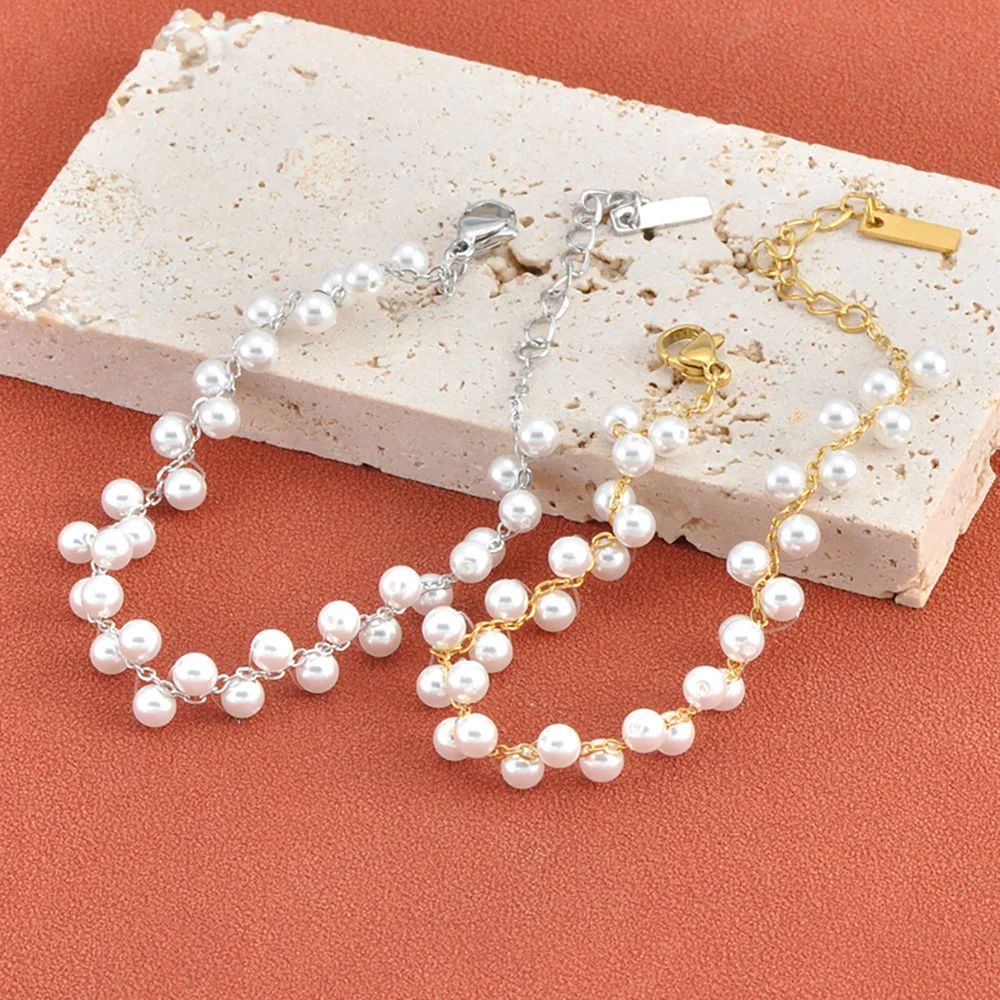 Lokaer Vintage-Imitationsperlen-Hochzeitsarmbänder für Frauen, Edelstahl-Charms, Verlobungsschmuck für Freundin, Geschenk B26001