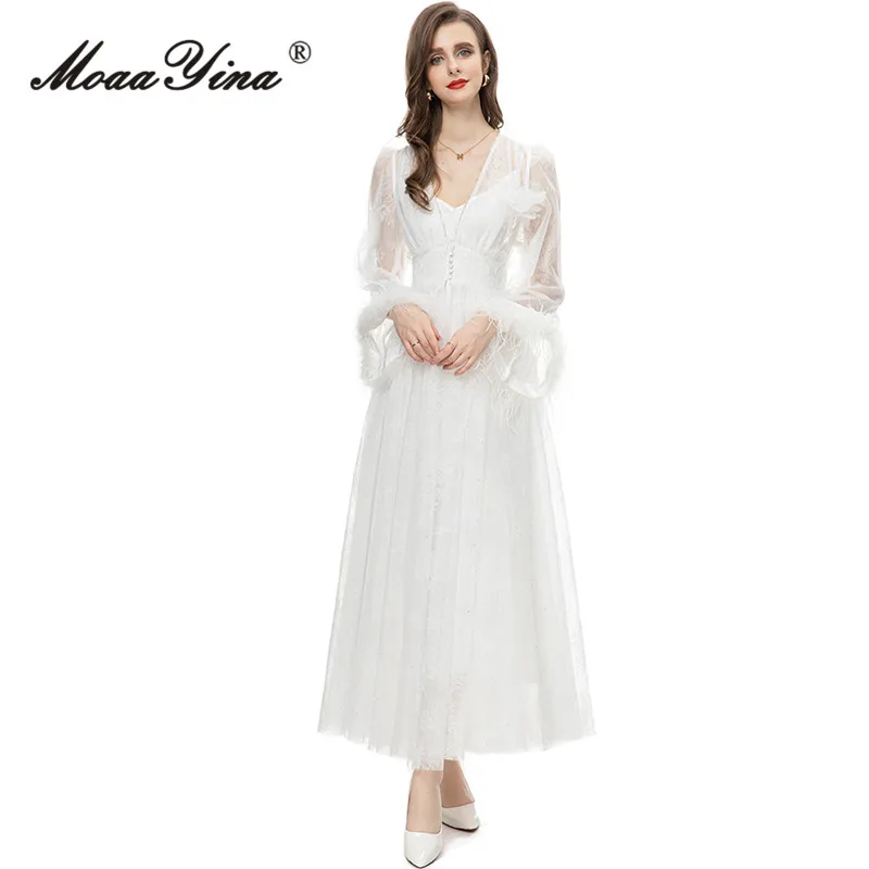 

MoaaYina Autumn Fashion Designer White Elegant Party Dress Women V Neck Button Diamond Appliques Beading Slim A-LINE Long Dress